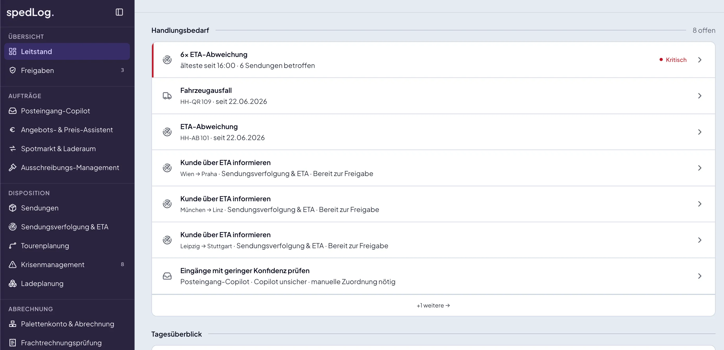 Assentiq.Transport-Leitstand mit priorisierter Liste des Handlungsbedarfs