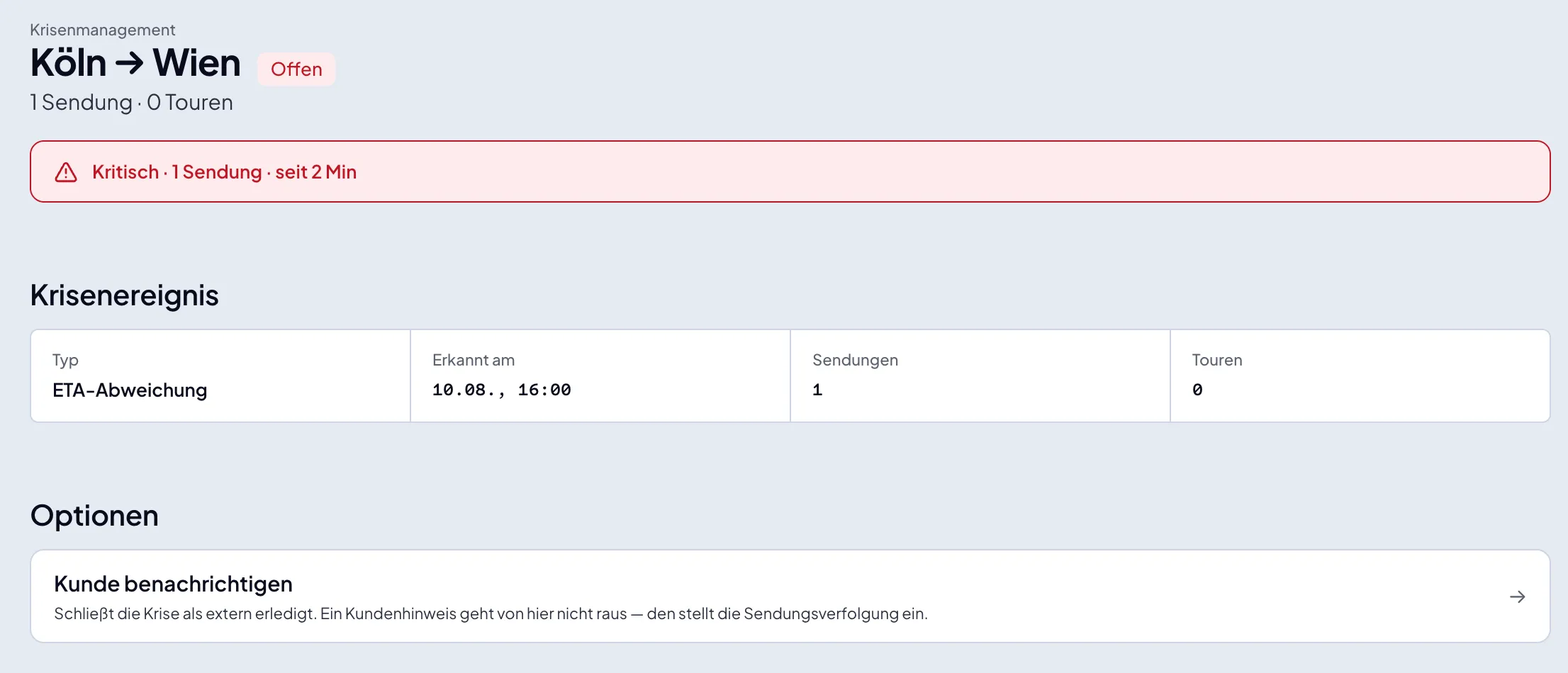 Krisenmanagement mit erkannter ETA-Abweichung und Optionen